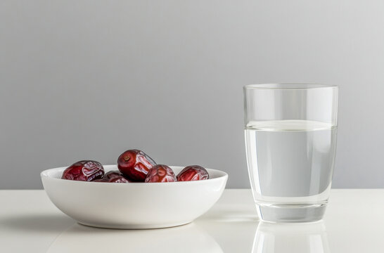 Dates in a white bowl and a glass of water, Ramadan Kareem celebration, Iftar food concept
