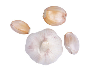 Top view fresh peeled garlic cloves on white background.