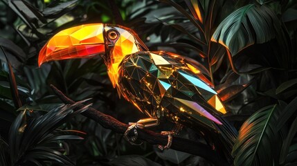 Naklejka premium Golden Toucan Bird Sculpture in Tropical Foliage