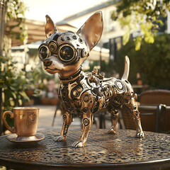 robotic Chihuahua with steampunk style stands on table, showcasing intricate metallic details and goggles. warm ambiance enhances its unique charm