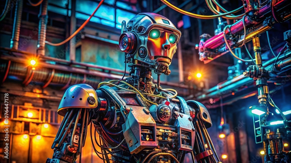 Poster documentary photography of a 3d robotic mechanized bot wired with intricate components, showcasing t