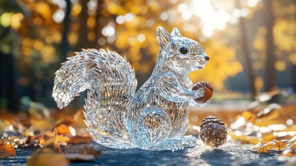 Fototapeta premium A Glass Squirrel Holding an Acorn in Autumn Forest