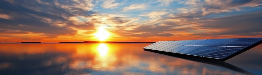 Obraz premium A stunning sunset reflects off calm waters, with solar panels positioned majestically in the foreground, symbolizing renewable energy and innovation.