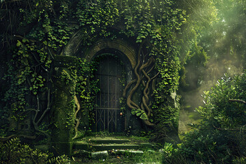 Fantastically door in wild forest leading to deep unknown