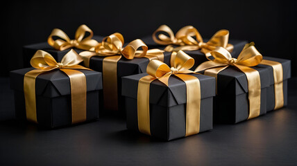 Black gift boxes with gold satin bows on a black background. A stylish concept for the Christmas and winter holidays of 2025. We prepare gifts for our loved ones.