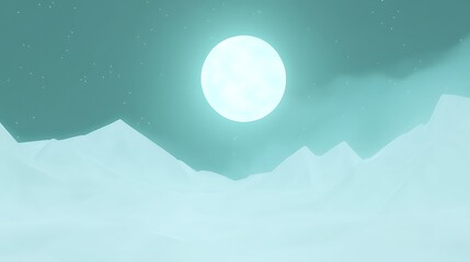 Naklejka premium A bright full moon illuminating a snowy mountainous landscape.