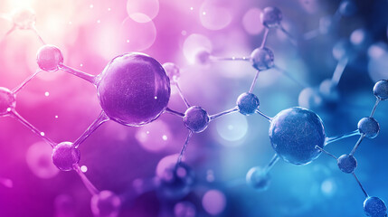 Abstract science background featuring molecules, atoms, and geometric shapes in a gradient blue and purple color scheme