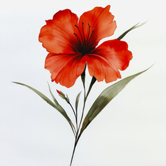 Vibrant Red Hibiscus Flower in Artistic Style with Delicate Leaves, Perfect for Nature Lovers and Floral Designs, Symbolizing Beauty and Tropical Aesthetics