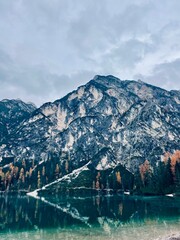 Autumn landscape of Lake Braies. Famous lake in the Dolomites.
