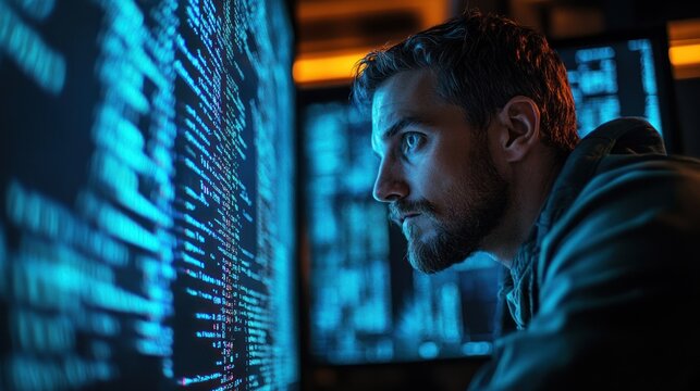 Focused Programmer Studying Code on Computer Screen