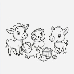 Obraz premium Cute and Playful Farm Animals in a Simple Line Art Style Featuring a Cow, Pig, Sheep, and Cute Chicks in a Light and Fun Composition for Children's Illustrations