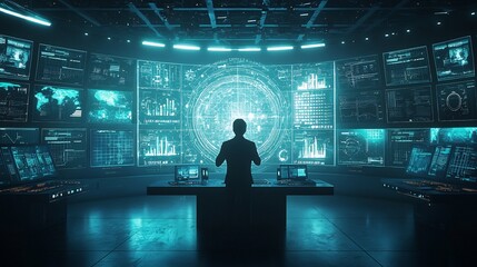 Futuristic Command Center with Digital Screens Directing Subordinates on Complex Project
