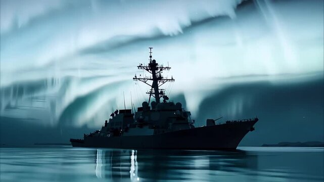 A naval destroyer sailing through calm waters under a stunning display of auroras in the night sky.