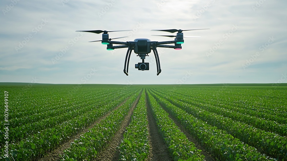 Poster aerial drone equipped with and sensors flying over smart farming fields to collect detailed data and