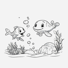 Fototapeta premium Cartoon Style Fish Swimming Together in a Colorful Underwater Scene with Plants and Bubbles for Kids Illustrations and Creative Designs