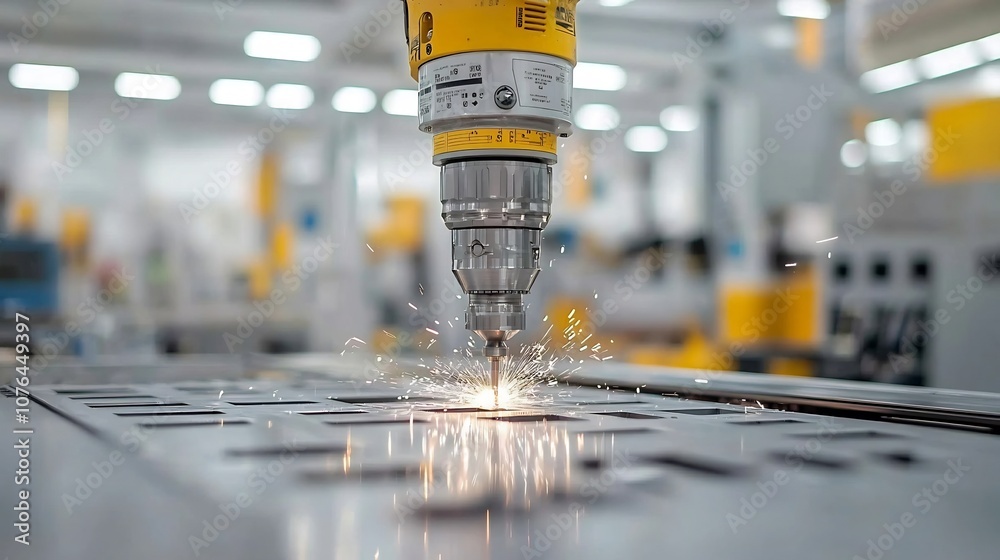 Poster high powered industrial drill piercing through metal with sparks erupting in a sophisticated factory