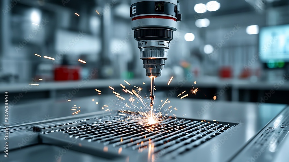 Aufkleber robotic arm drilling into metal with sparks flying representing automated and advanced industrial ma