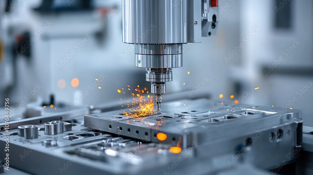 Poster Captivating image of a CNC machine effortlessly manipulating metal with incredible precision generating a mesmerizing display of orange sparks as it performs the dynamic manufacturing process