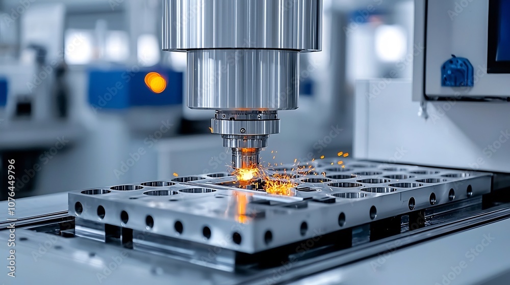 Poster powerful cnc machine performing precise metal cutting intense orange sparks and showcasing the energ