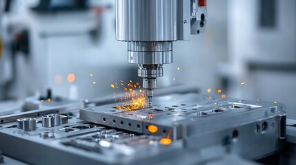 Captivating image of a CNC machine effortlessly manipulating metal with incredible precision generating a mesmerizing display of orange sparks as it performs the dynamic manufacturing process