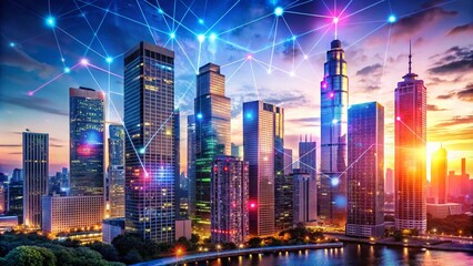 Obraz premium Dynamic Cityscape with Digital Data Points Illustrating Sales Growth and Technological Advancement in a Modern Urban Environment with Vibrant Colors and Copy Space for Branding