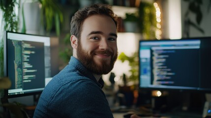 Smiling young man with a beard teaching coding in a home office setup, seated in front of a dual-monitor display filled with programming code, surrounded by plants, books, and tech gadgets.