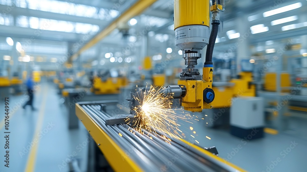 Aufkleber industrial machinery grinding and processing metal with bright sparks set in a high tech modern fact