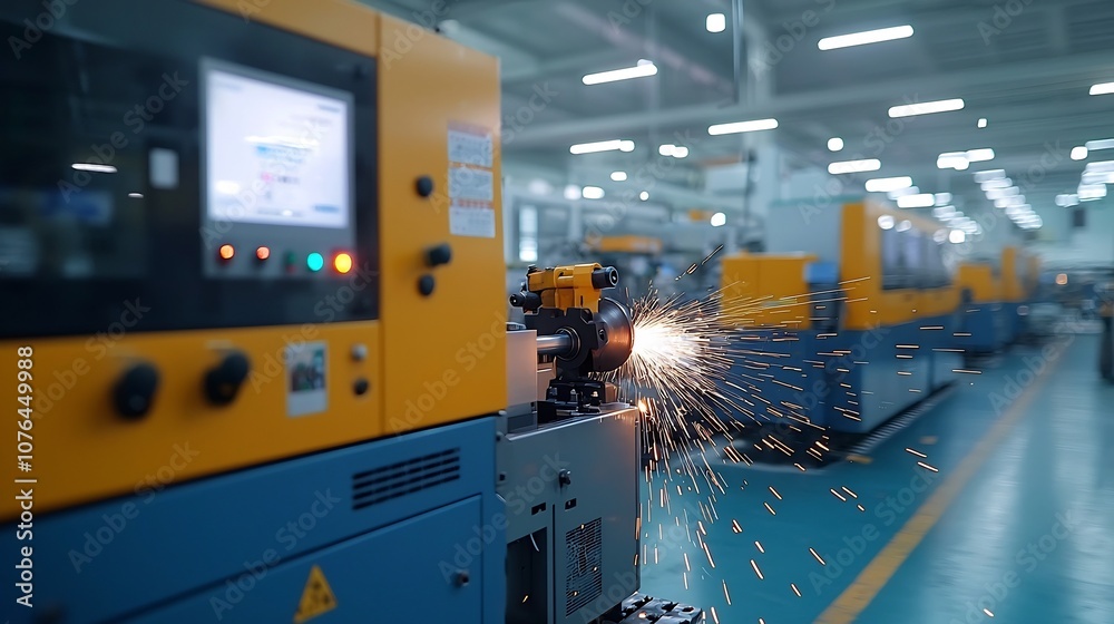 Poster bright sparks fly as industrial machinery grinds metal in a high tech factory representing advanced 