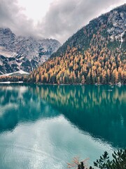 Autumn landscape of Lake Braies. Famous lake in the Dolomites.