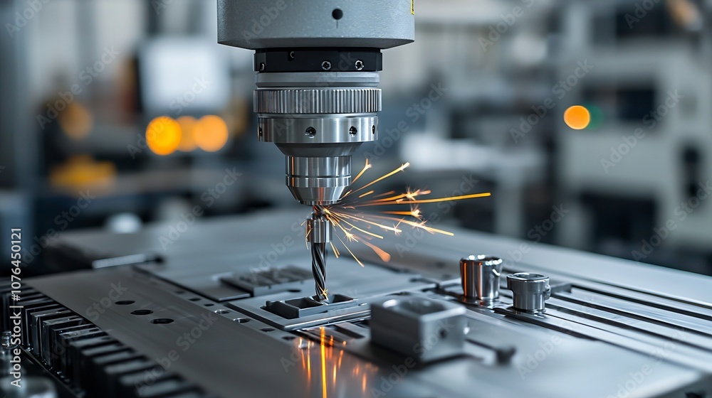 Poster Automated drill machining metal with precision emitting vibrant sparks in a modern factory setting showcasing advanced engineering technology and industrial manufacturing processes