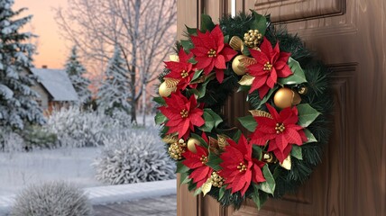 Holiday wreath with red poinsettias, green leaves, and gold ornaments for Christmas Concept, Holiday