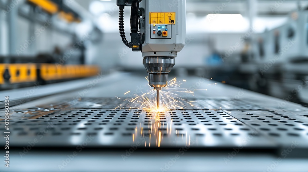 Poster Industrial machinery in action drilling metal with glowing sparks emphasizing advanced technology and precision in production processes within a modern factory or workshop setting