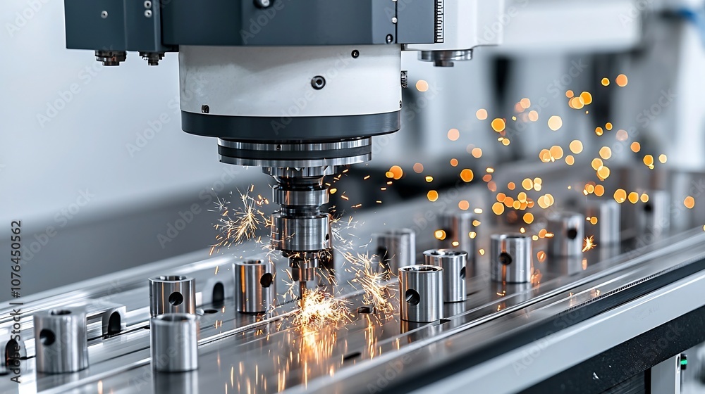 Poster High Tech CNC Milling Machine Efficiently Crafting Metal Parts with a Cascade of Sparks Showcasing the Precision and Accuracy of the Manufacturing Process