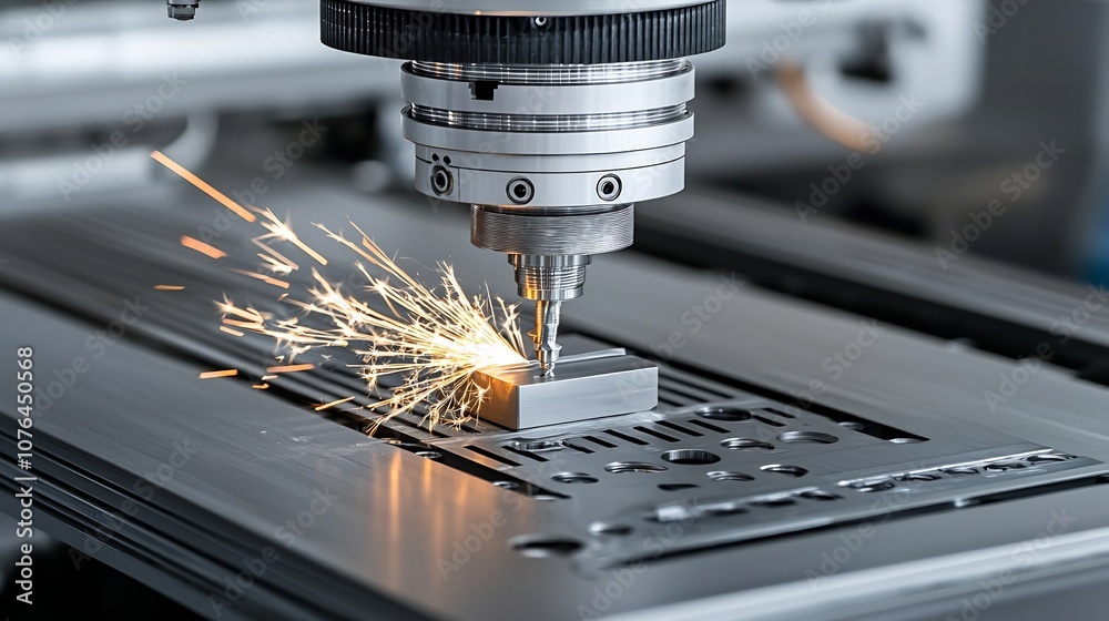 Poster High Tech CNC Milling Machine Creating Metallic Parts with Cascade of Sparks Representing Efficiency and Accuracy in Industrial Manufacturing Process
