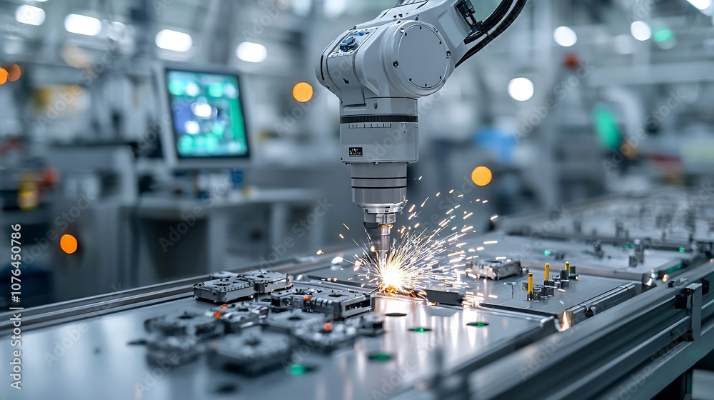 Poster Robotic arm performing precision metalworking with sparks illuminating the controlled factory environment showcasing cutting edge automation technology in a modern industrial setting