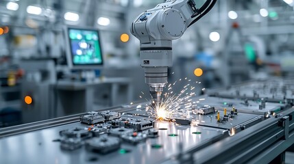 Robotic arm performing precision metalworking with sparks illuminating the controlled factory environment showcasing cutting edge automation technology in a modern industrial setting