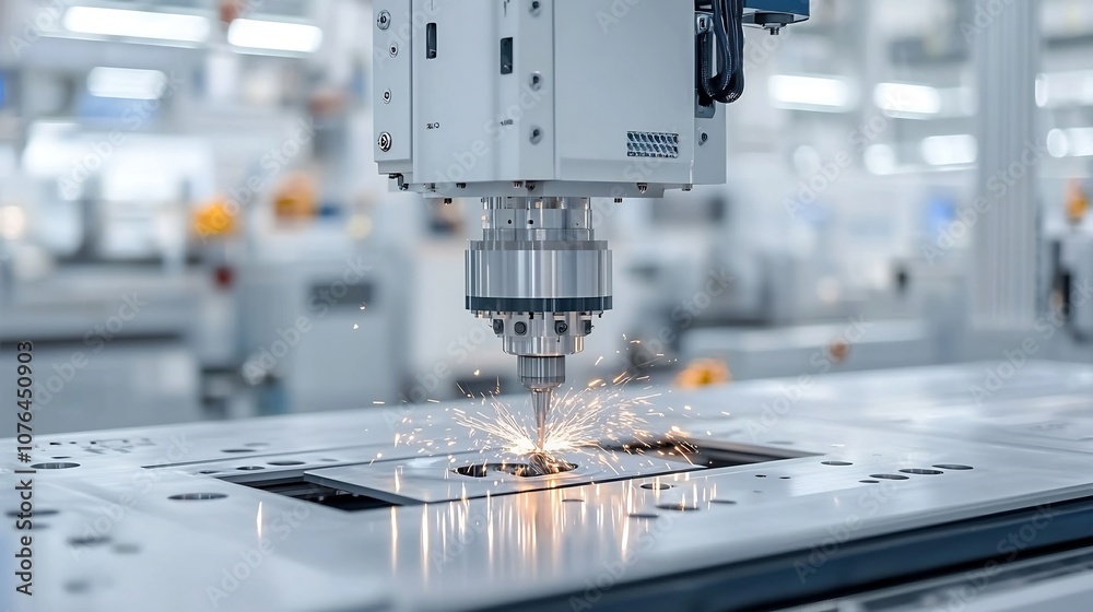 Poster Close up shot of a state of the art CNC machine in action skillfully cutting and shaping metal with precision and efficiency within a sophisticated high tech manufacturing facility