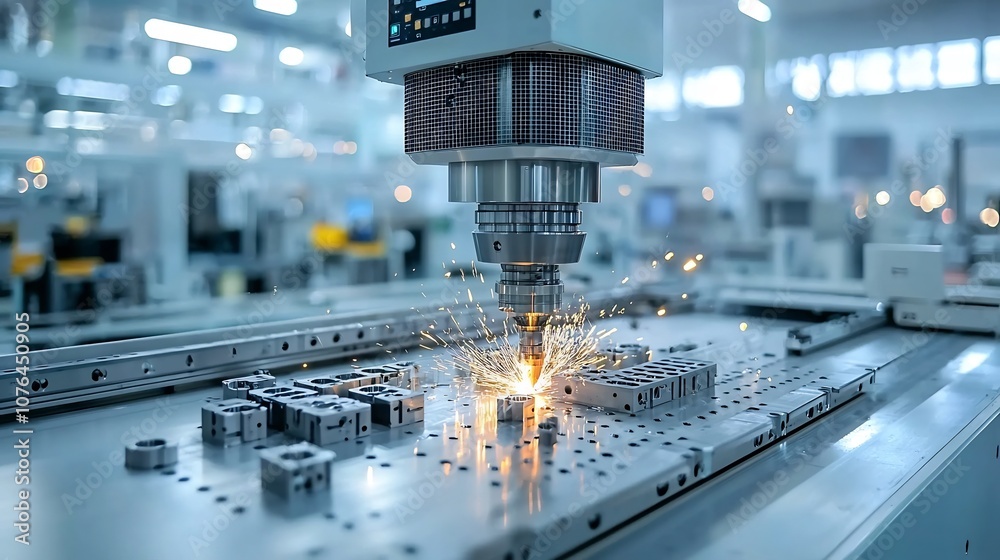 Poster industrial grade milling machine creating advanced metal components with bright sparks and a modern 