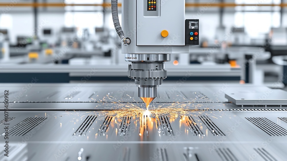 Poster Close up View of a CNC Computer Numerical Control Machine at Work Emitting Sparks While Processing Metal Components in a High Tech Manufacturing Facility