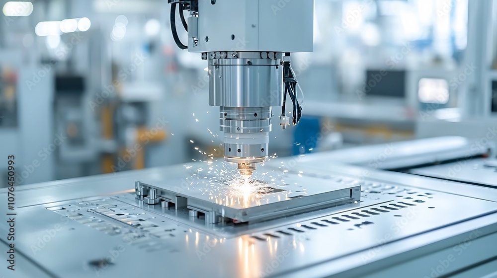 Fototapete close up view of a computer numerical control cnc machine emitting sparks while metal processing in 