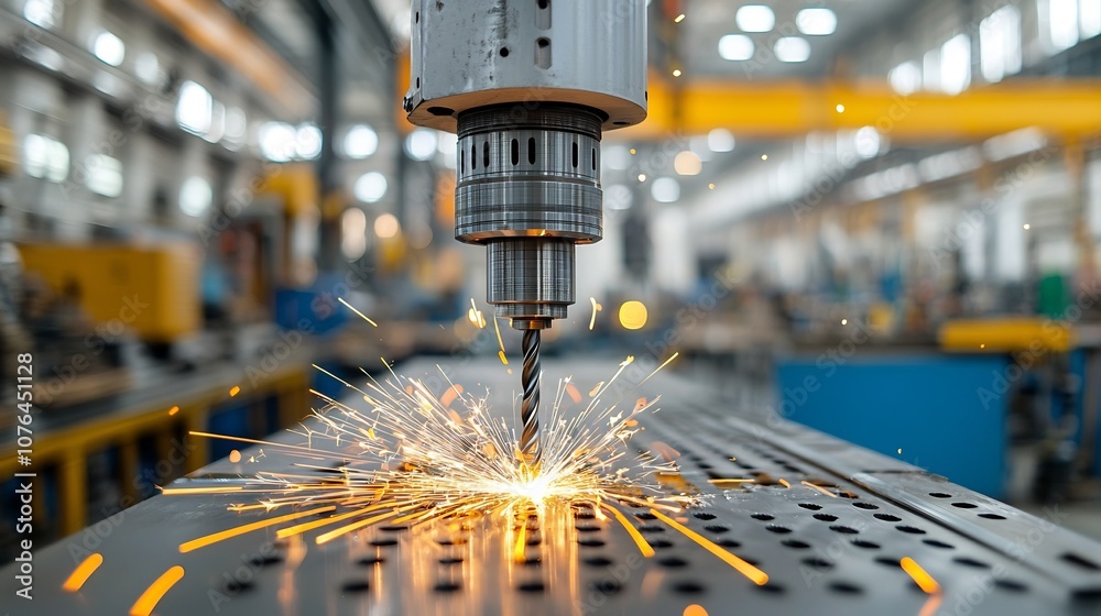 Poster precision metalworking process featuring automated industrial machinery and a sparking drill highlig
