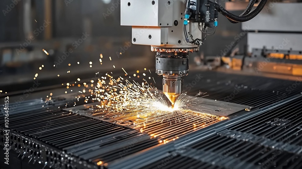 Poster Automated metal cutting machine in sparks illuminating the dark factory setting and representing the high tech manufacturing process