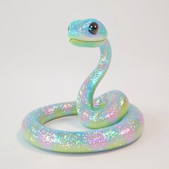 Fototapeta premium Cute 3D cartoon green snake baby with glitter and sparkle on scales, smiles, white background. New Year Christmas symbol of 2025 year 