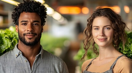 A Diverse Couple Smiling in Indoor Garden Setting with Fresh Produce