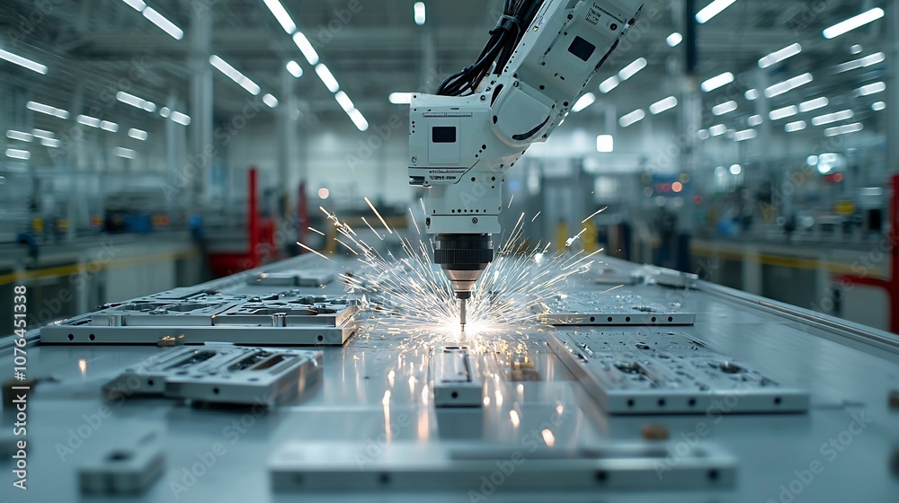 Poster high precision robotic drill meticulously working on intricate metal parts creating vivid sparks and