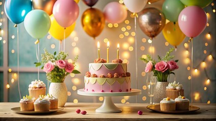 Elegant and Cheerful Birthday Clipart Featuring Festive Decorations, Colorful Balloons, and a Joyful Cake, Perfect for Celebrating Special Occasions and Creating Invitations