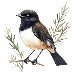 cute Pied Bushchat watercolor clipart illustration isolated