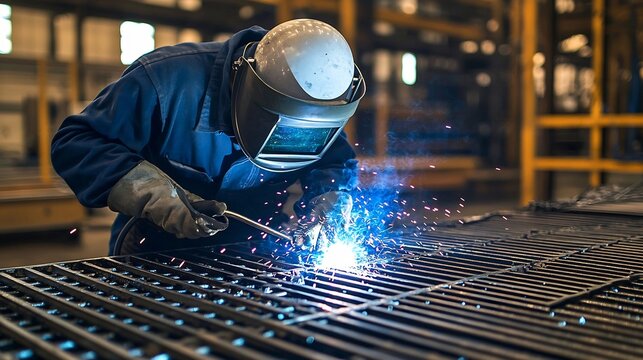 Skilled welder in protective gear operating welding equipment producing bright blue sparks that illuminate the industrial craftsmanship process Representing the power technology