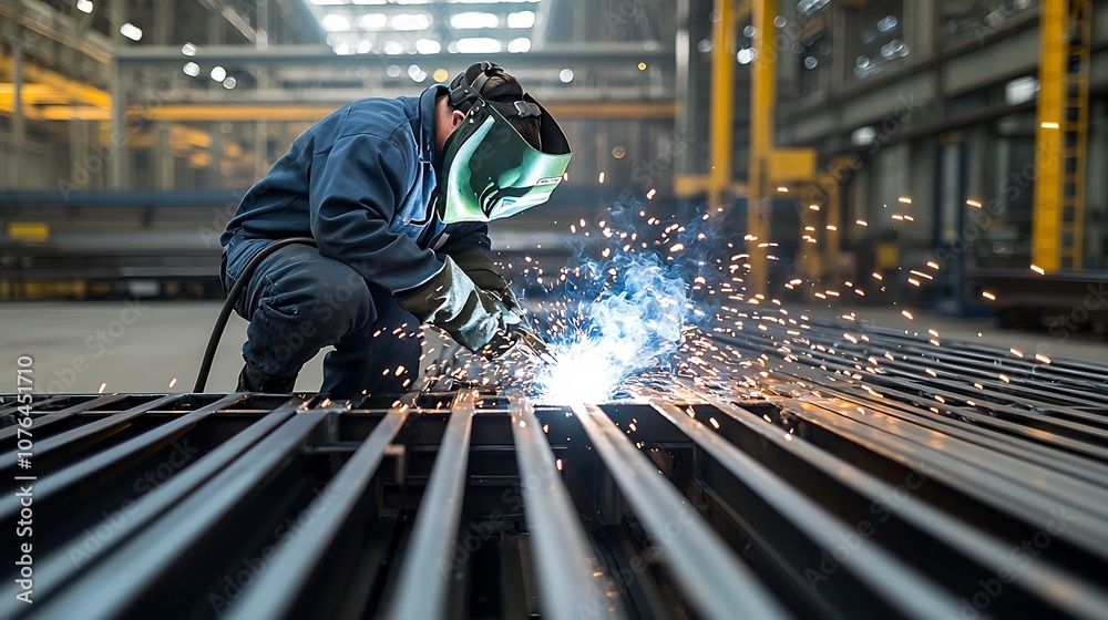 Poster hardworking industrial worker expertly welding metal with intense and dedication sparks flying as he