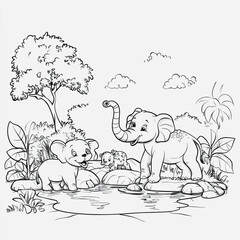 Playful Animals by Water: A Delightful Scene with an Elephant, a Baby Elephant, and a Snake Amidst Lush Tropical Foliage and a Lively Environment